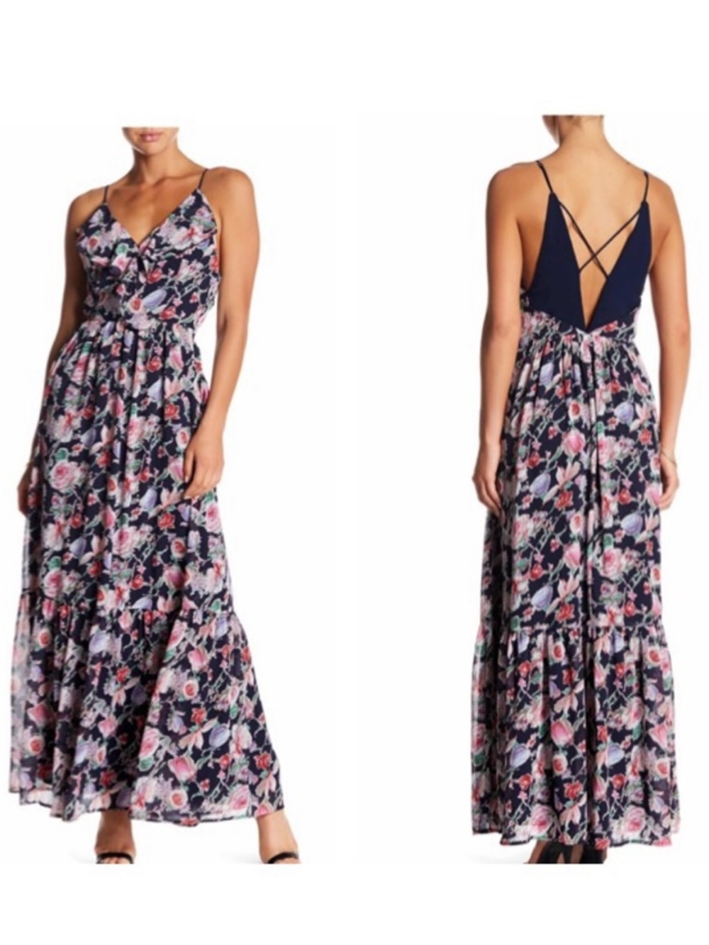 Adelyn Rae Sz Small Black Maxi Dress with Pink Rose Pattern